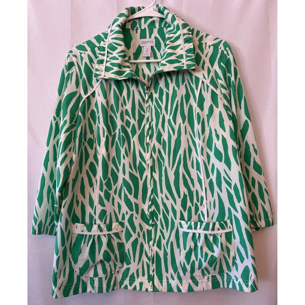 Zenergy By Chico's Womens Green Abstract Print Gorpcore Neema Jacket Coastal 2